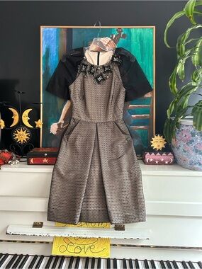 Black Gold Brocade Fit & Flare Midi Dress Beaded Statement Neckline XS